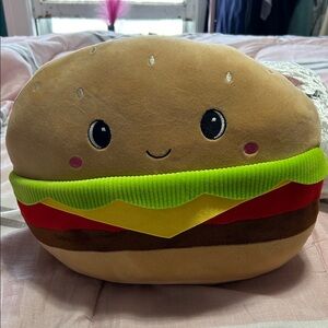 Plush Hamburger Pillow with Smiling Face - Brown & Green